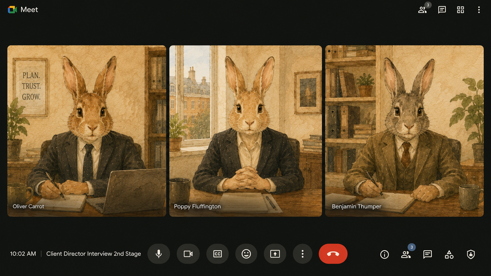 A panel interview on a video call — three interviewers at their desks